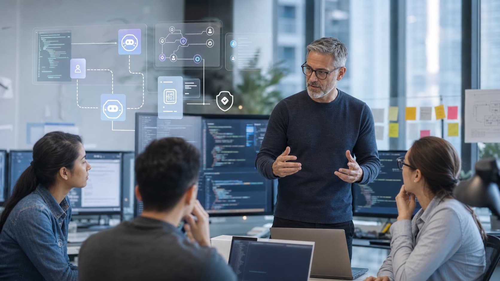 Engineering leaders reviewing AI-assisted delivery workflows in a modern workspace.