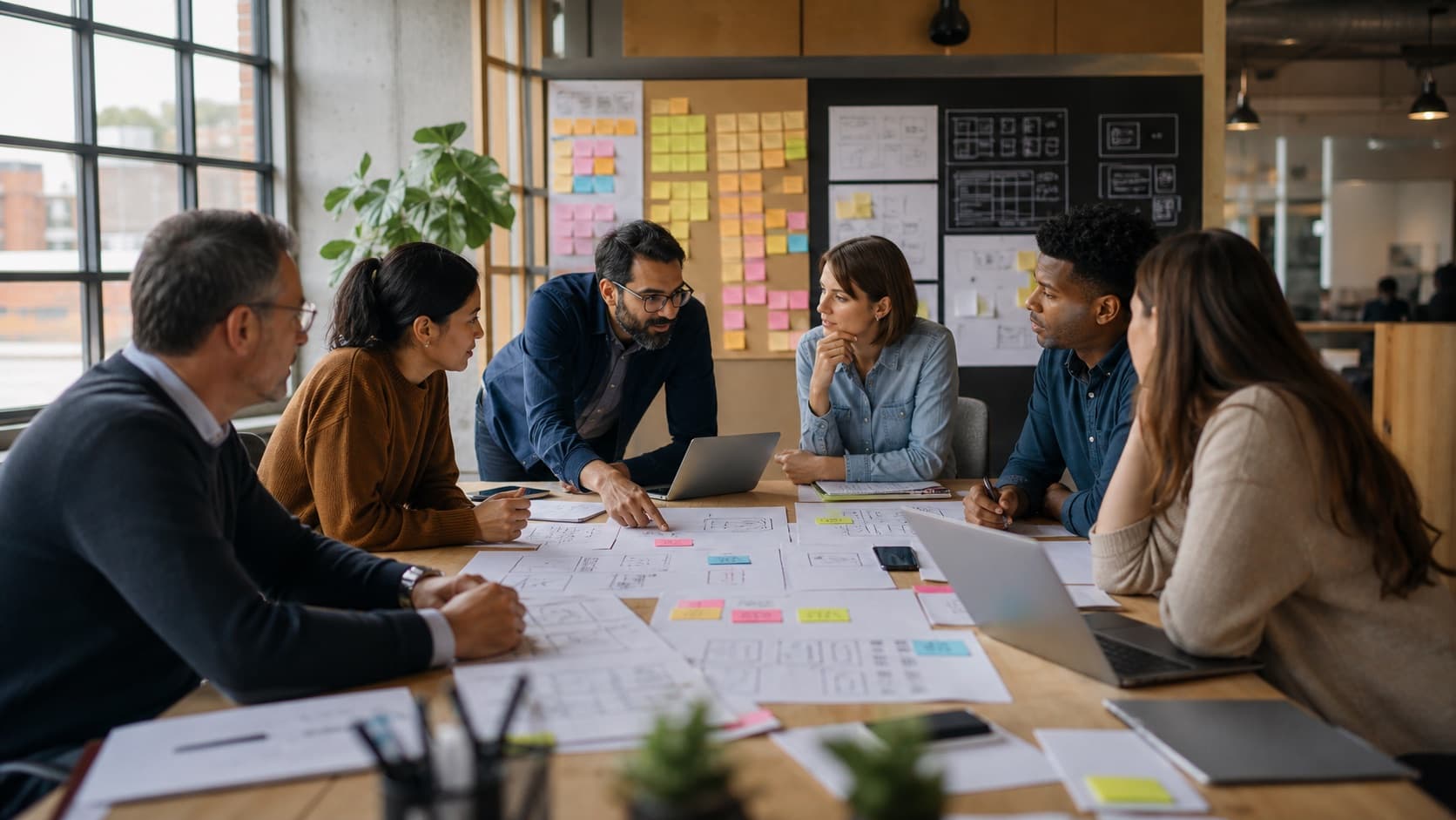 Product managers and engineers aligning around prototypes and architecture plans.